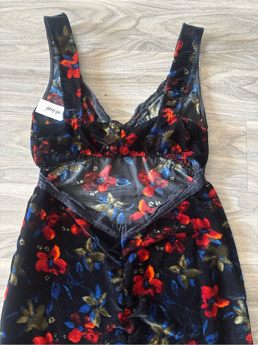Nasty Gal Black Velvet Maxi Dress with Red and Blue Floral Print - Picture 7 of 9
